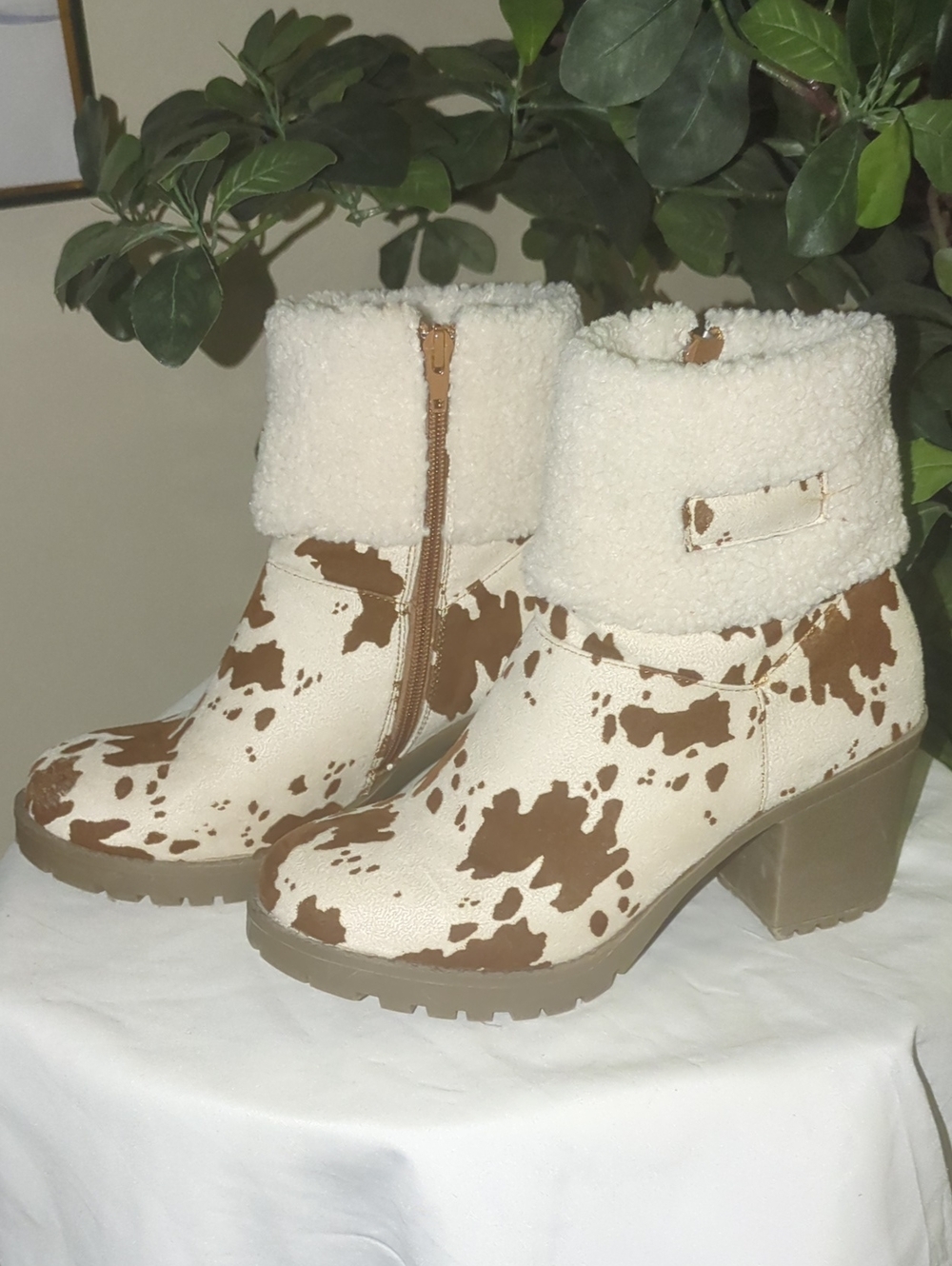Pierre Dumas Cream & Brown Cowprint Faux Shearling Ankle Boots